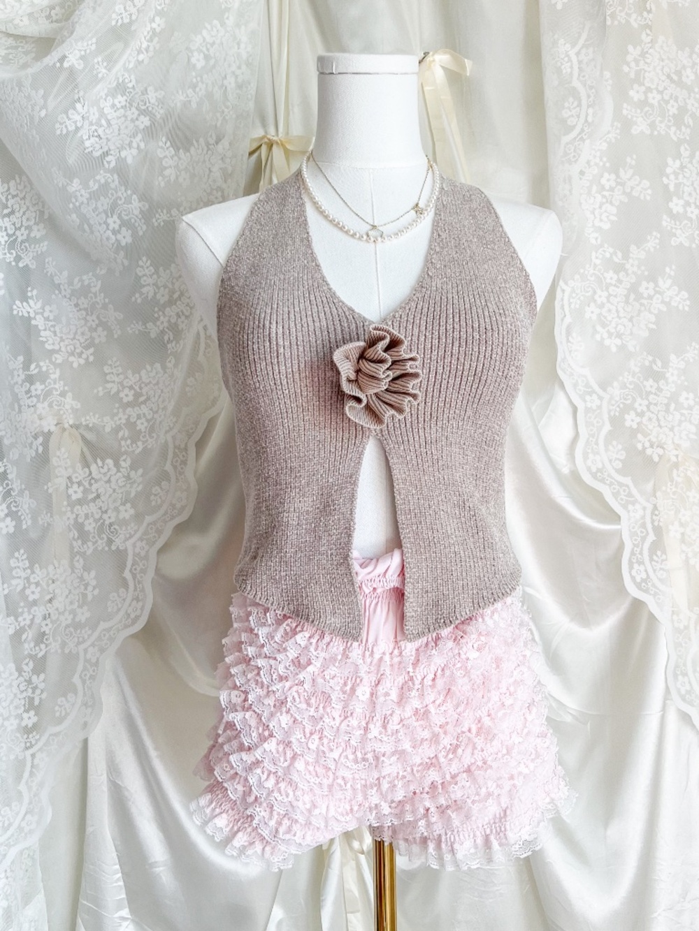 Beige Rosette Halter Sweater Tank Soft Girl Balletcore Top